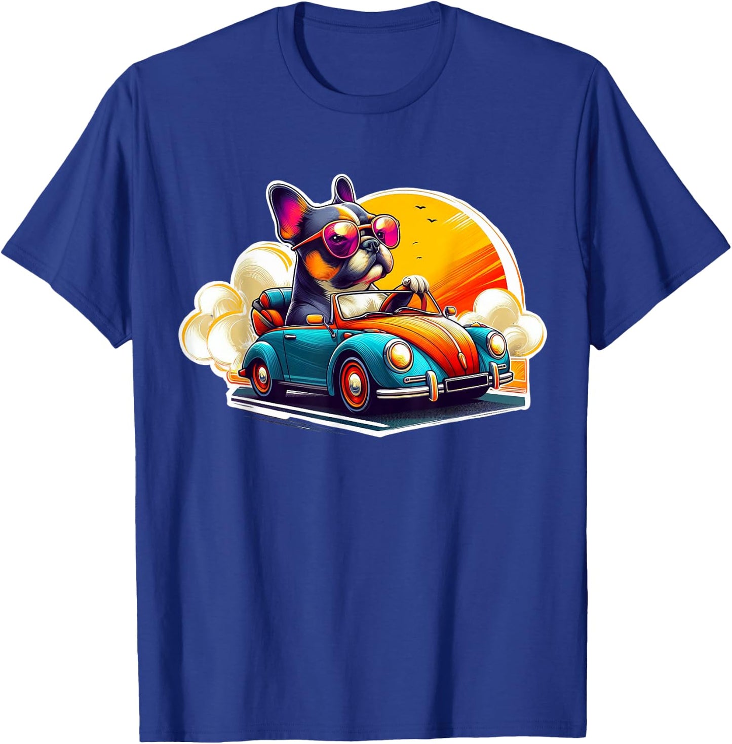 French Bulldog Driving Retro Convertible Car - Frenchie Gift T-Shirt - T-Shirt | Royal