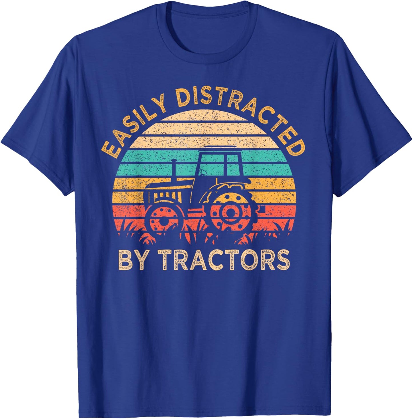 Vintage Easily Distracted By Tractors Funny Farming T-Shirt - T-Shirt | Royal