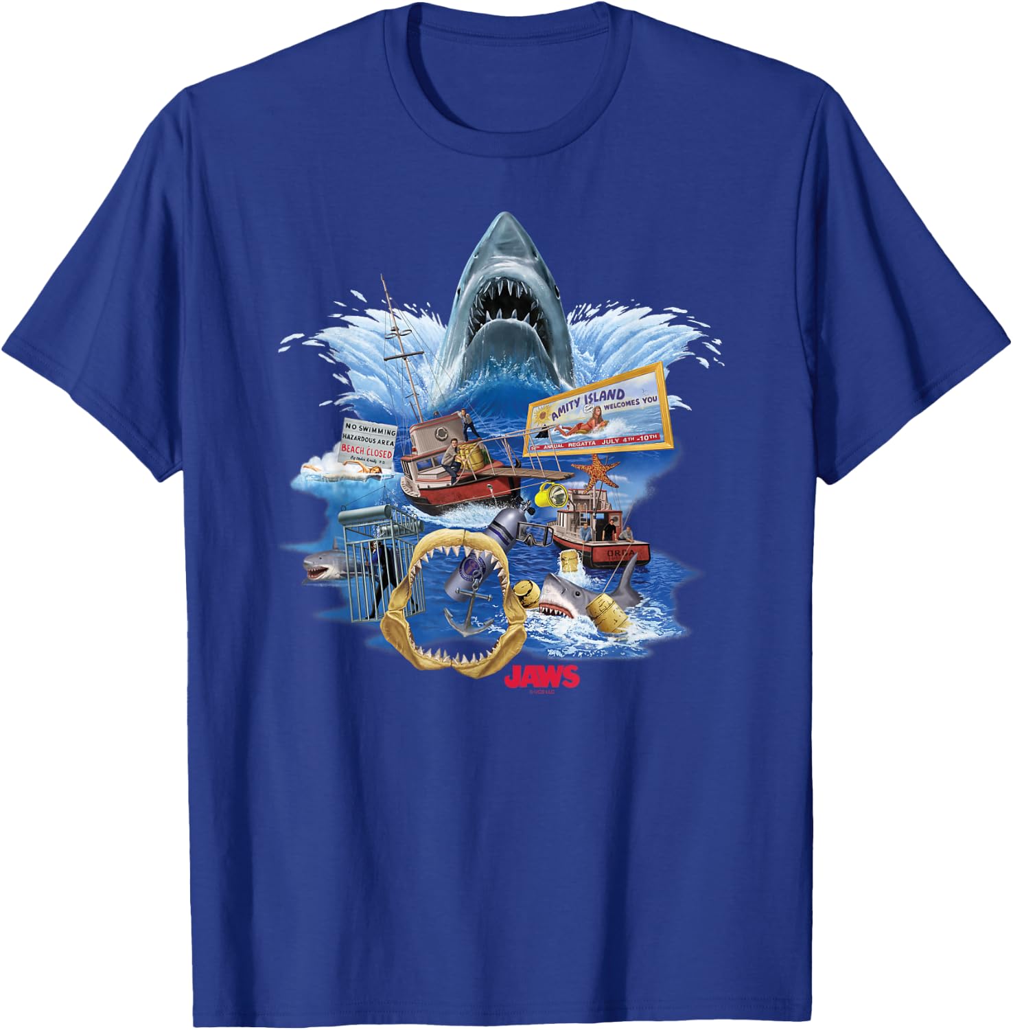 Jaws Poster Collage , Small, Black T-Shirt - T-Shirt | Royal