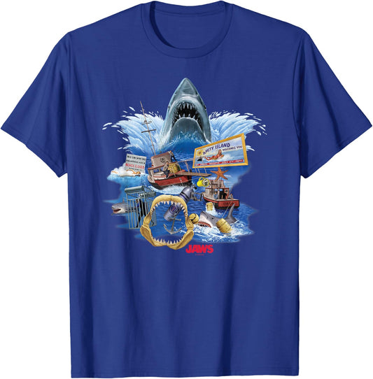 Jaws Poster Collage , Small, Black T-Shirt - T-Shirt | Royal