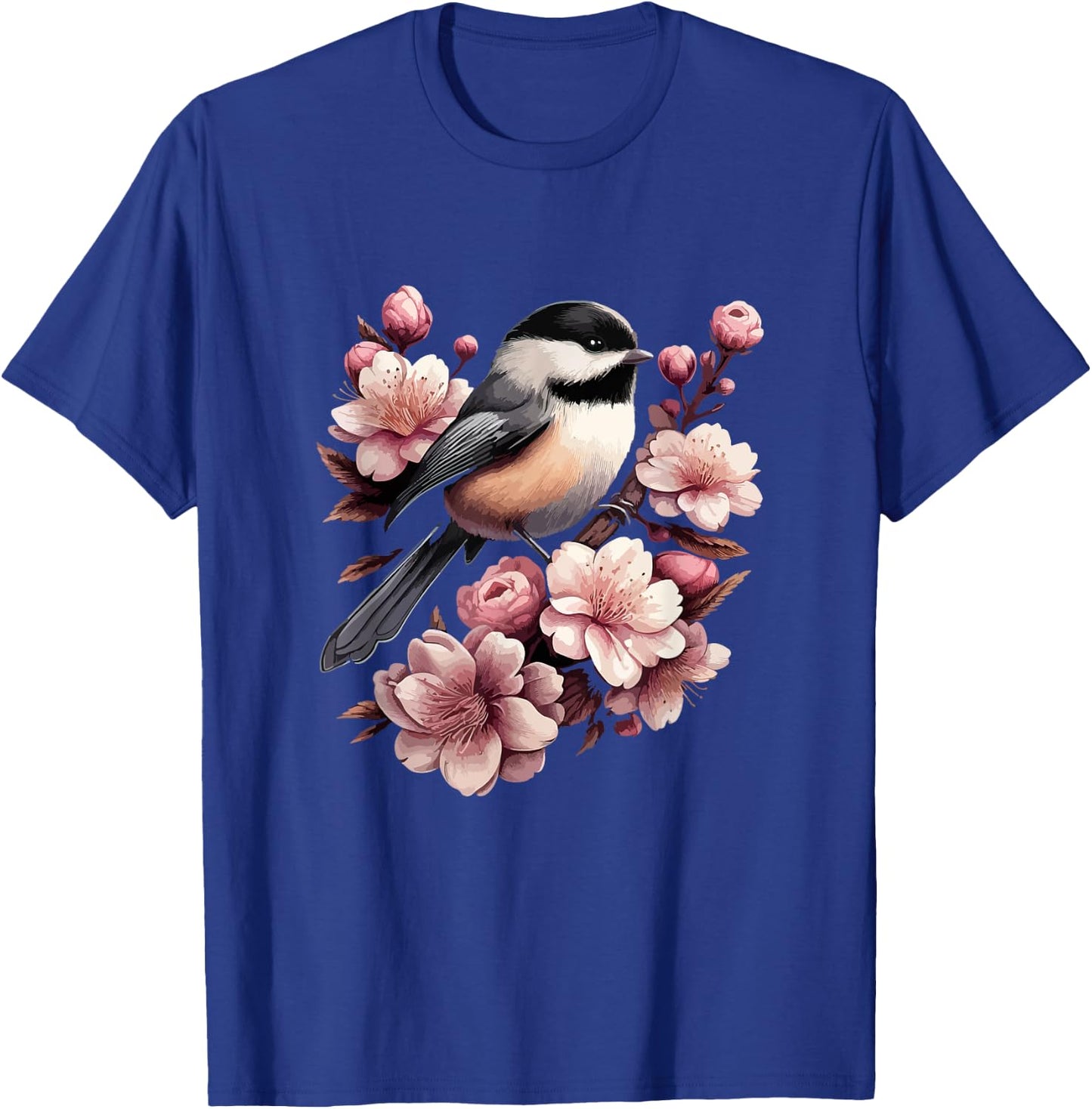 Chickadee Blossom Spring Birdwatching Bird Lover Cute T-Shirt - T-Shirt | Royal