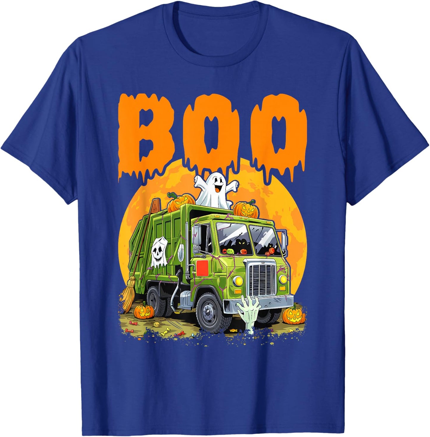Ghost Driving Garbage Truck With Candy Bag Carved Pumpkin T-Shirt - T-Shirt | Royal