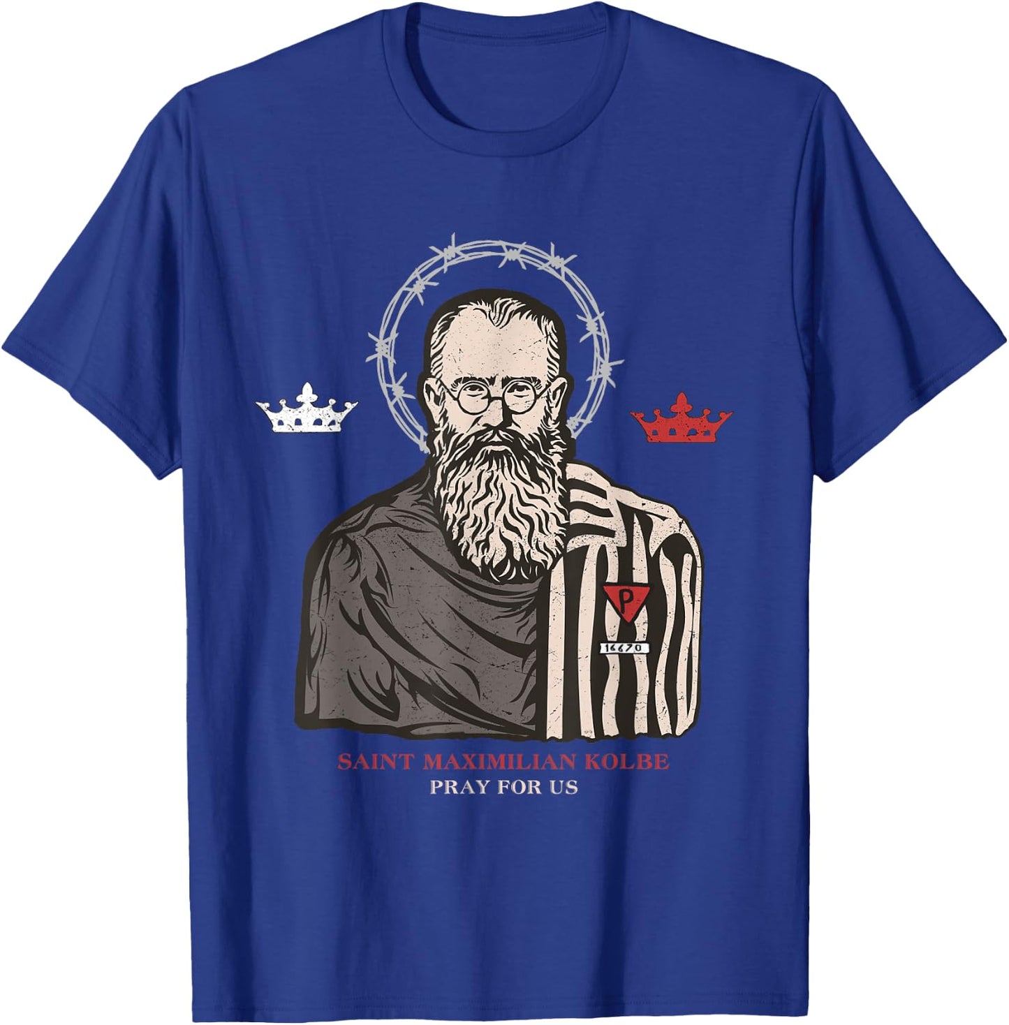 St Maximilian Kolbe Two Crowns Catholic Saint T-Shirt - T-Shirt | Royal