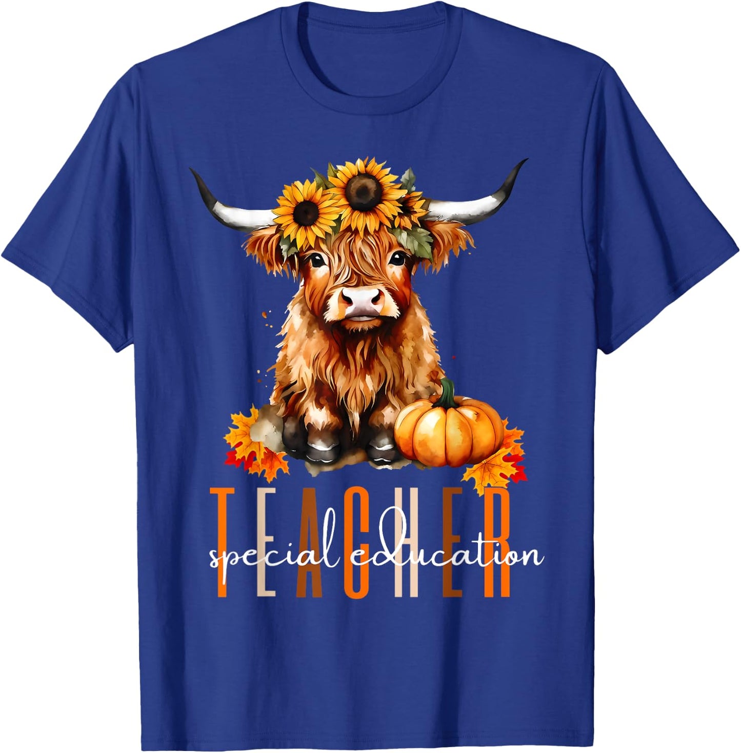 Fall Highland Cow Special Education Teacher Halloween Autumn Women T-Shirt - T-Shirt | Royal