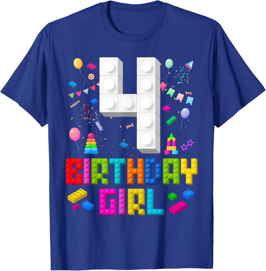 4th Birthday Girl Master Builder 4 Years Old Building Block T-Shirt - T-Shirt | Royal