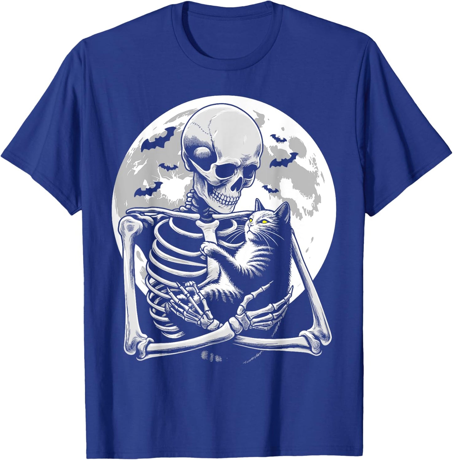 Cat skeleton Halloween skull skeleton holding cat Kitty moon Men Women Kids T-Shirt - T-Shirt | Royal