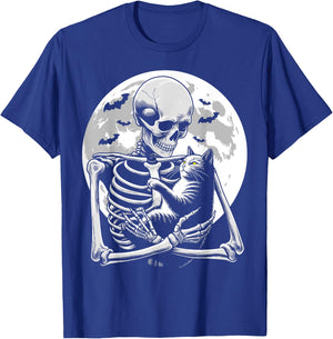 Cat skeleton Halloween skull skeleton holding cat Kitty moon Men Women Kids T-Shirt - T-Shirt | Royal