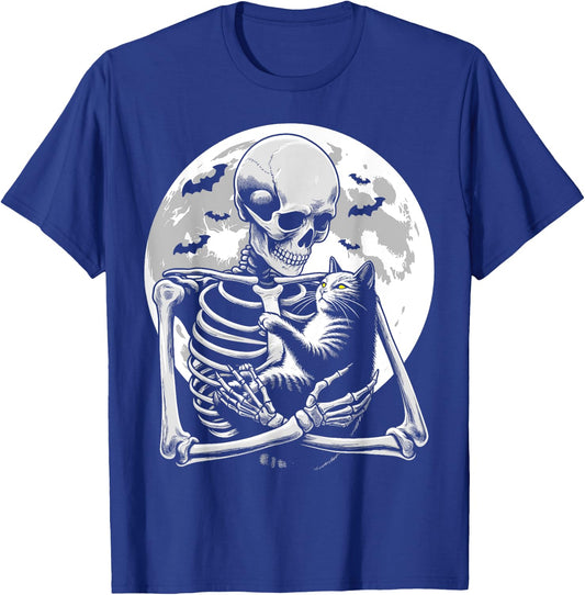 Cat skeleton Halloween skull skeleton holding cat Kitty moon Men Women Kids T-Shirt - T-Shirt | Royal