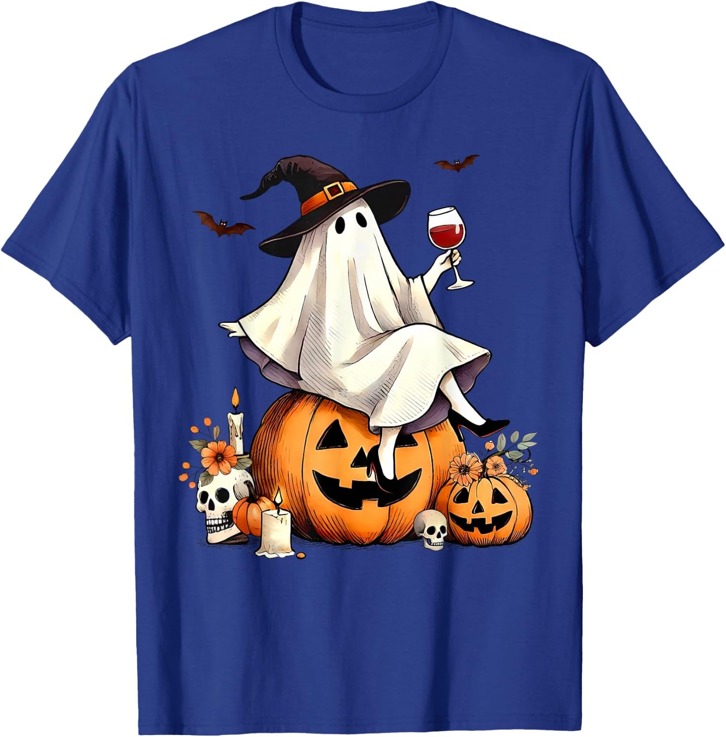 Witch Ghost Wine Drinking Pumpkin Halloween Spooky Season T-Shirt - T-Shirt | Royal