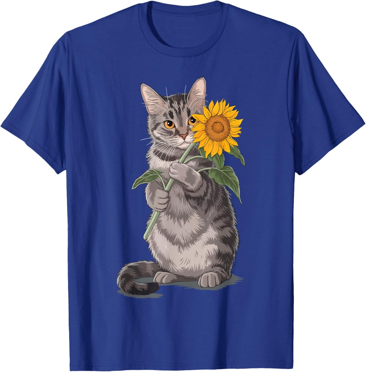Cat Holding Sunflower T-Shirt - T-Shirt | Royal