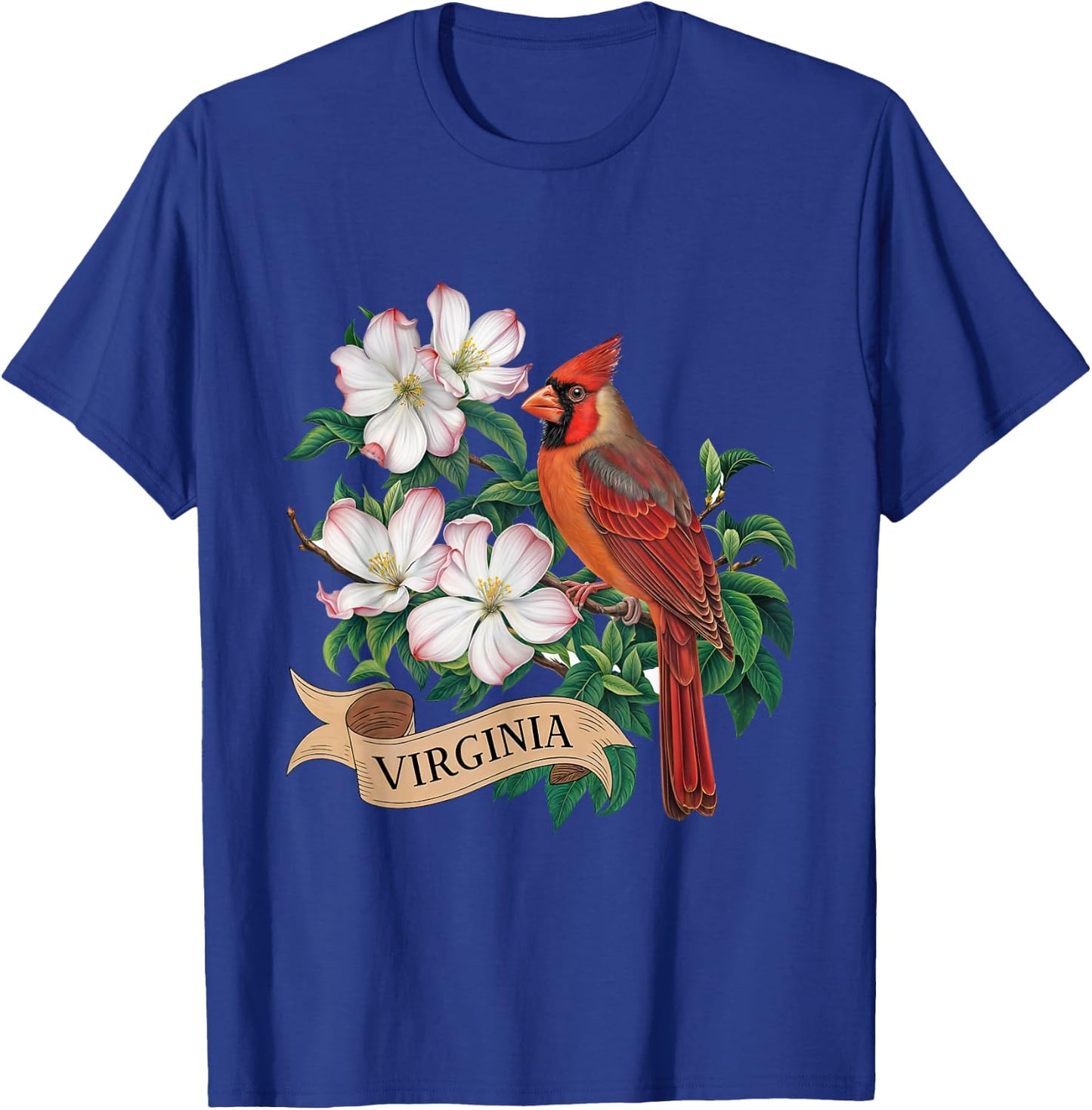 Virginia Cardinal Bird and Flowering Dogwood Flower T-Shirt - T-Shirt | Royal