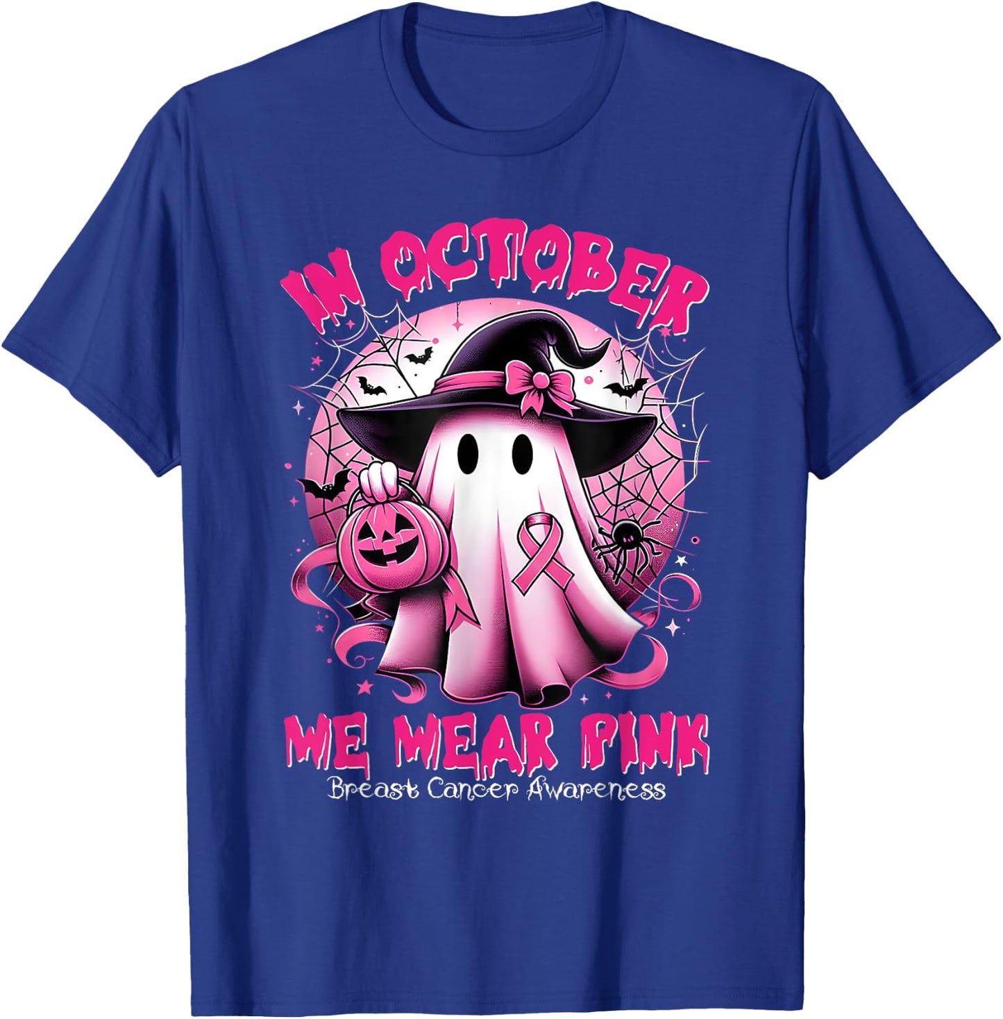 In October We Wear Pink Witch Ghost Breast Cancer Awareness T-Shirt - T-Shirt | Royal