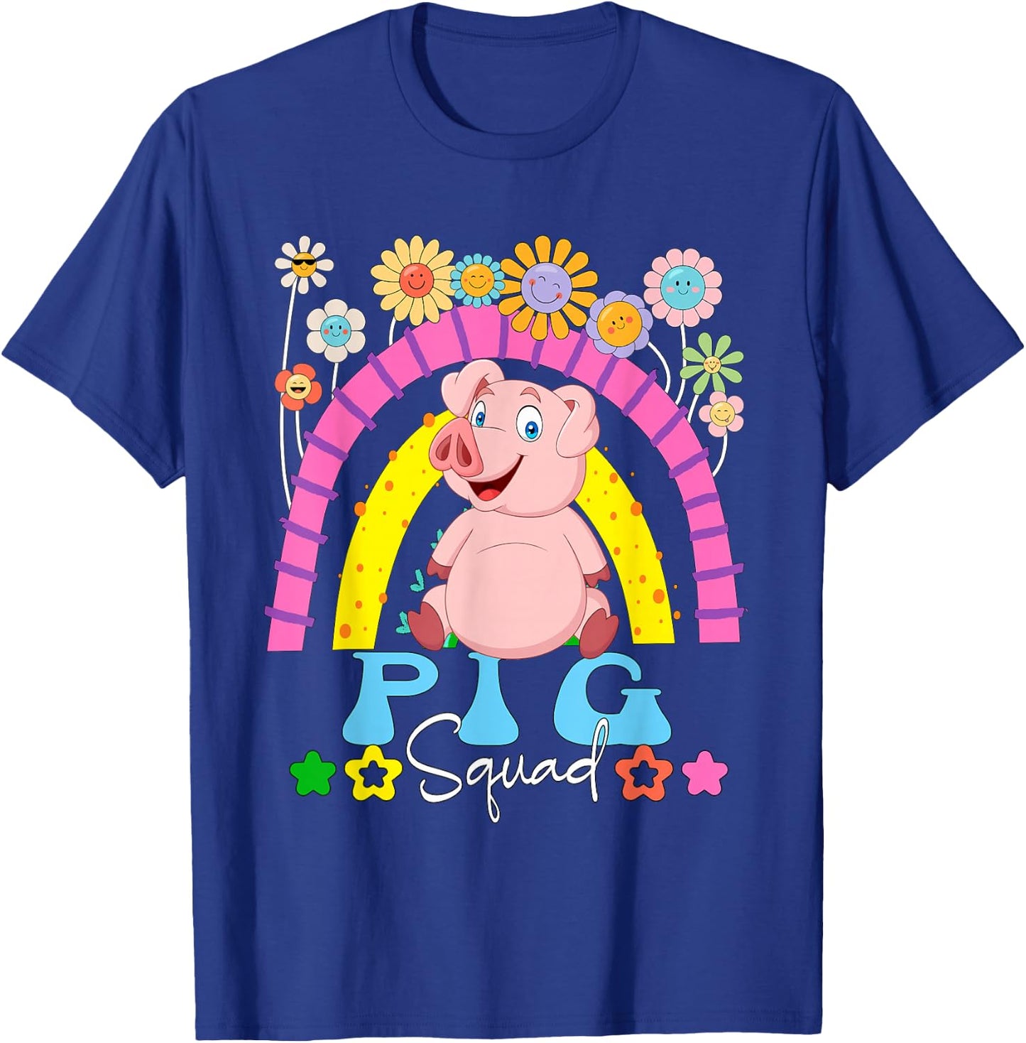 Pig Funny Squad Costume Flowers Rainbow Farmer Rancher T-Shirt - T-Shirt | Royal