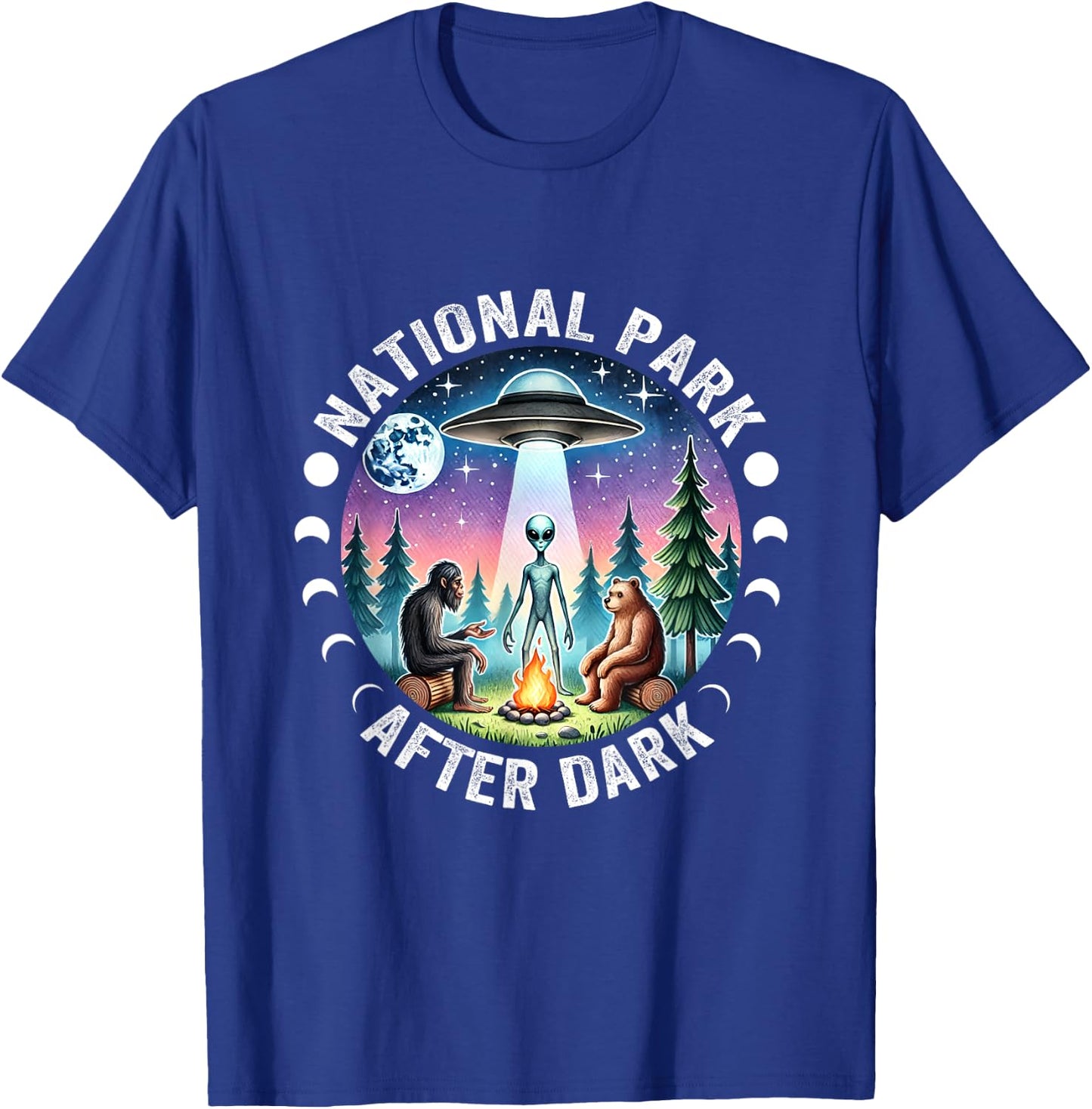 Vintage Retro Funny National Park After the Dark Big foot Alien Campfire , Small, Black T-Shirt - T-Shirt | Royal