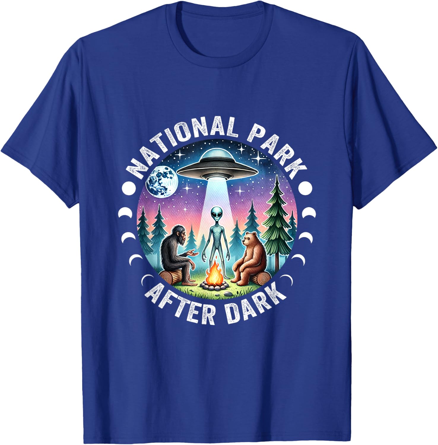 Vintage Retro Funny National Park After the Dark Big foot Alien Campfire , Small, Black T-Shirt - T-Shirt | Royal
