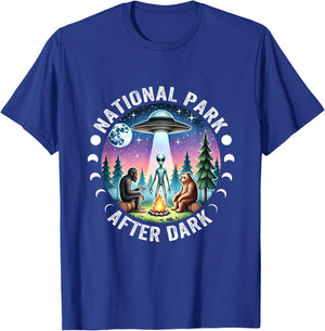 Vintage Retro Funny National Park After the Dark Big foot Alien Campfire , Small, Black T-Shirt - T-Shirt | Royal