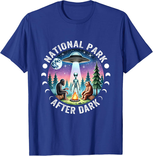 Vintage Retro Funny National Park After the Dark Big foot Alien Campfire , Small, Black T-Shirt - T-Shirt | Royal