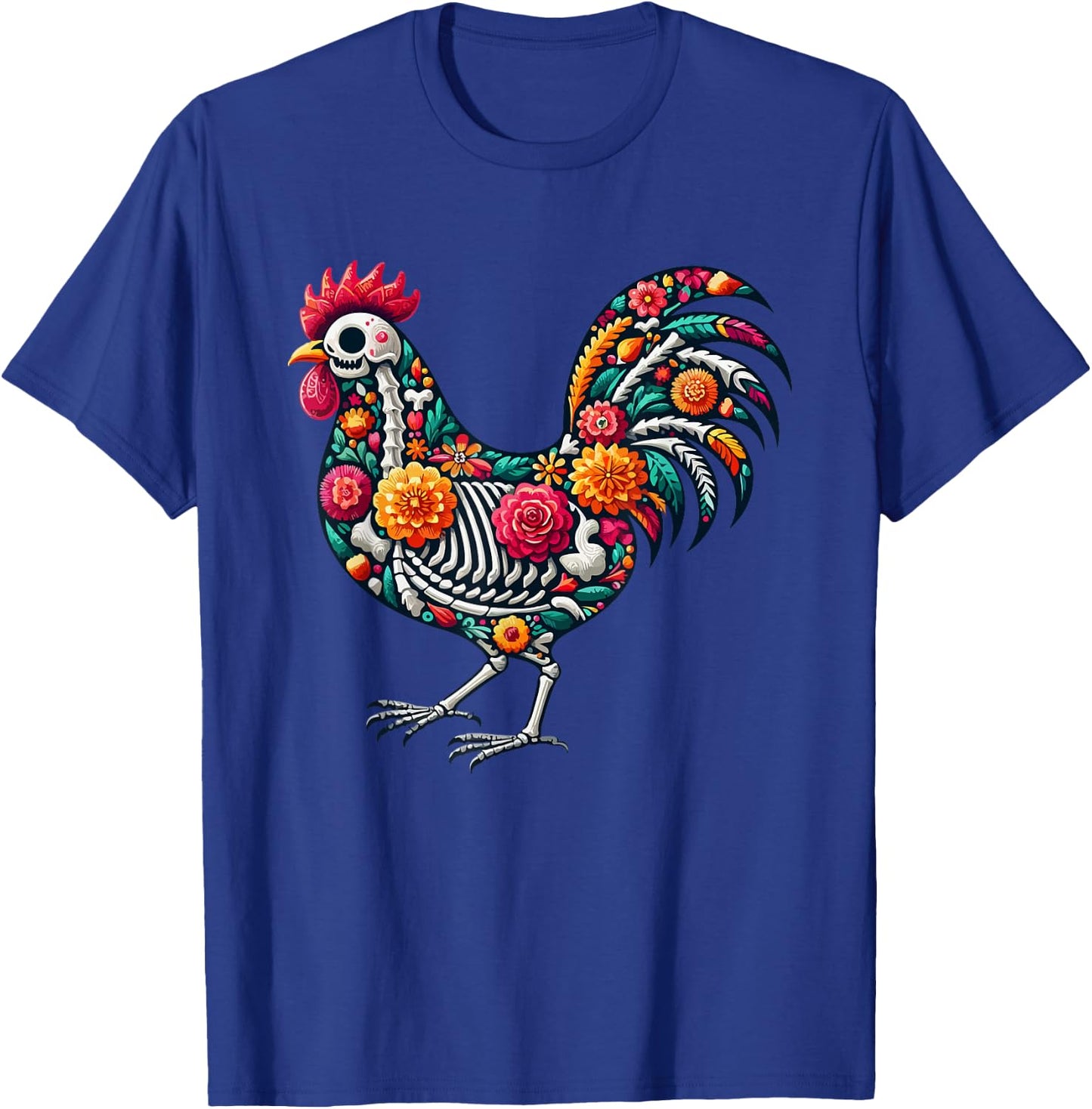 Floral Skeleton Chicken Mexican Dia De Los Muertos Halloween T-Shirt - T-Shirt | Royal