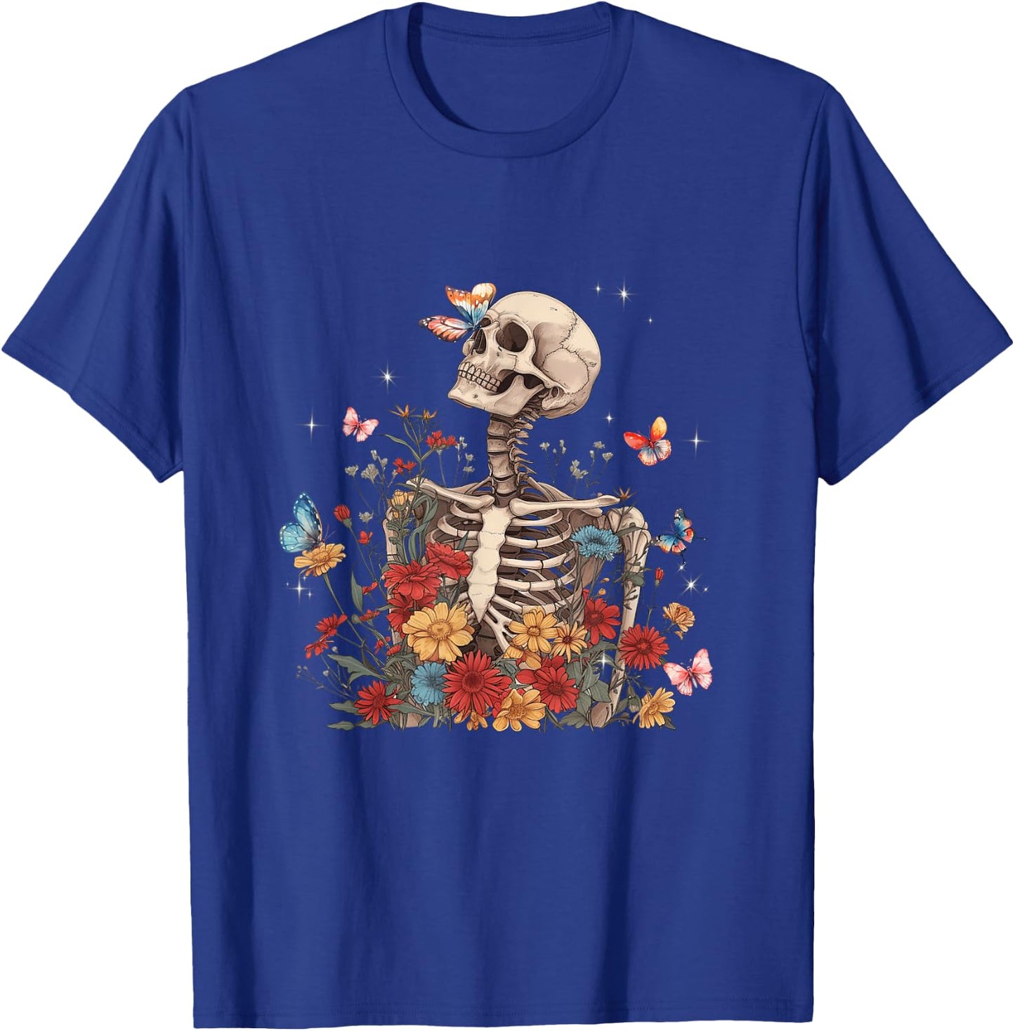 Skeleton Flowers Butterfly Floral Halloween Men Women T-Shirt - T-Shirt | Royal