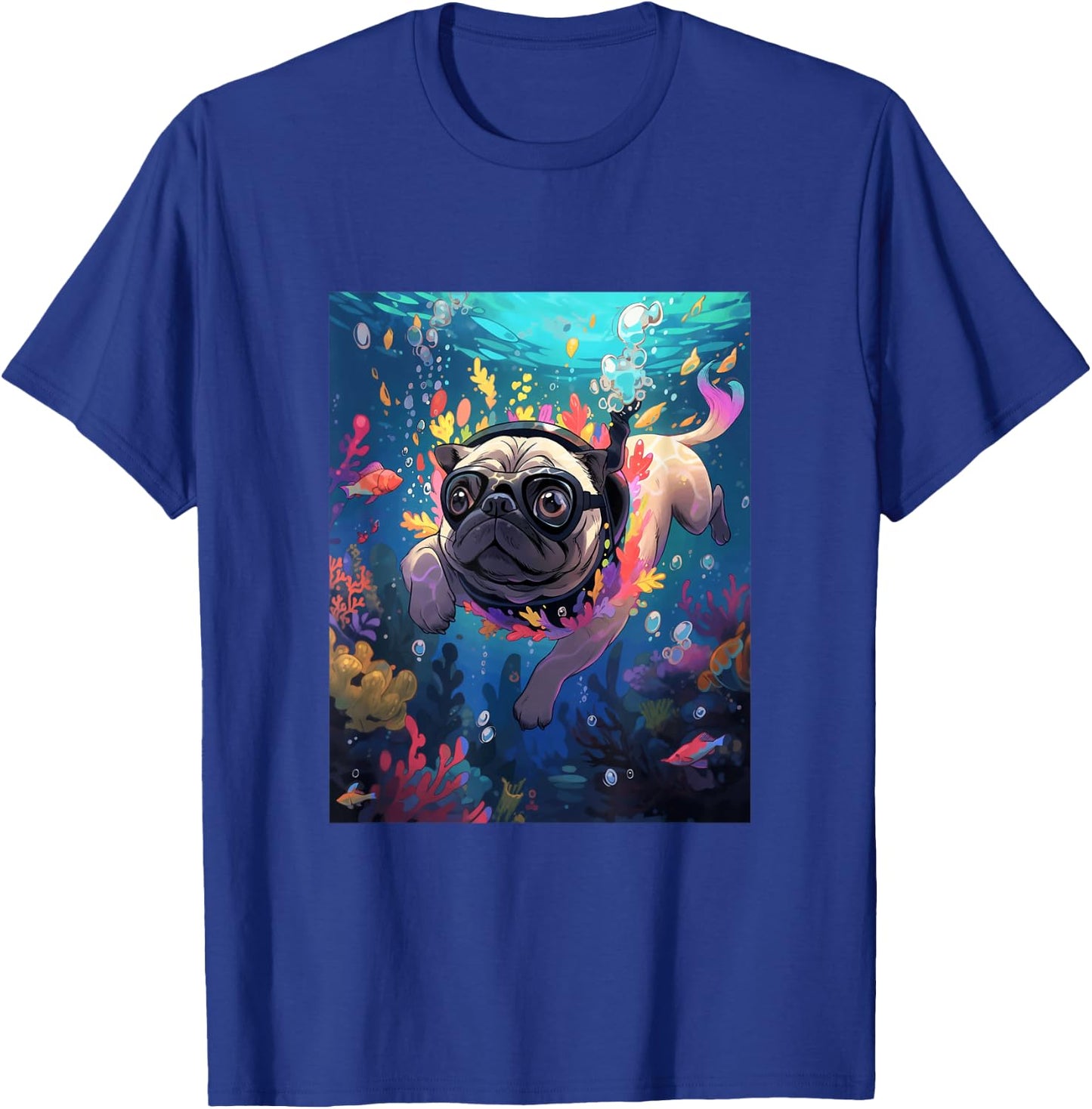Pug Diving Dog Swimming Underwater T-Shirt - T-Shirt | Royal