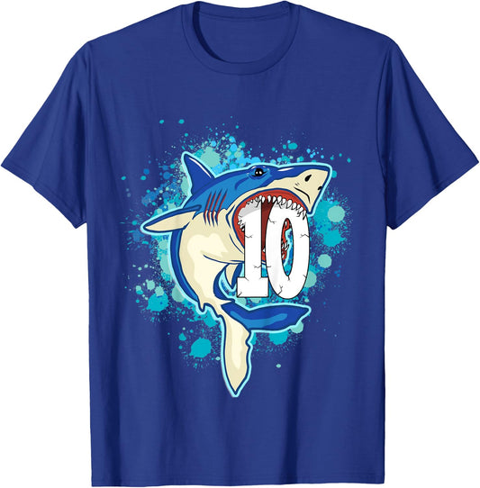 Kids Kids 10 yrs Old Boys Shark Birthday Gift Shirt T-Shirt - T-Shirt | Royal