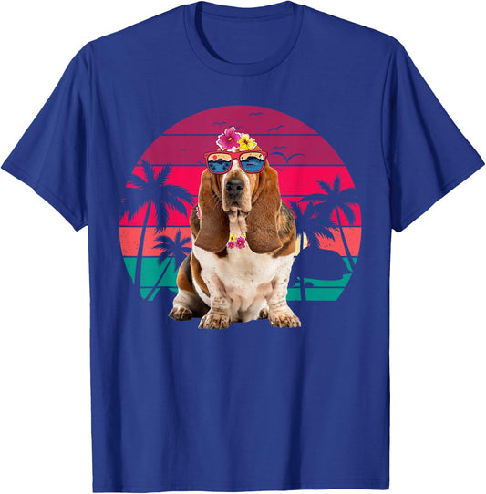 Retro Hawaiian Basset Hound Dog Tropical Floral Summer Vibes Women Kids T-Shirt - T-Shirt | Royal