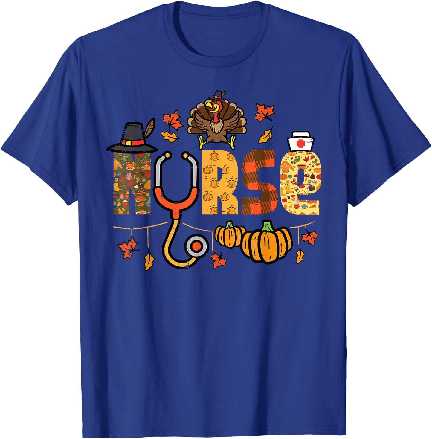 Thanksgiving Nurse Stethoscope Fall Scrub Top ER Men Women T-Shirt - T-Shirt | Royal