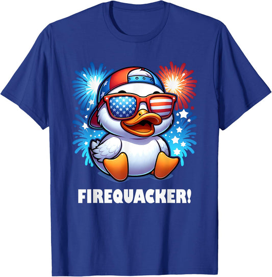 4th of July Firequacker Duck American Flag Fireworks Graphic T-Shirt - T-Shirt | Royal