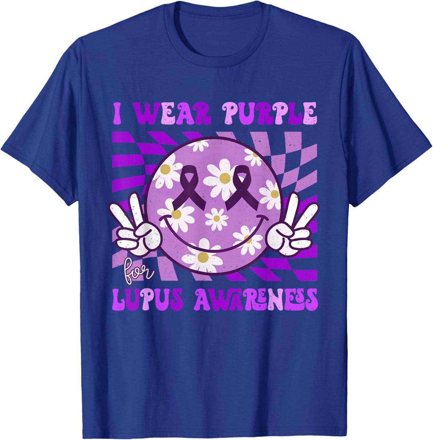 Retro Lupus Awareness Smile Hippie Checkered Purple Ribbon T-Shirt - T-Shirt | Royal