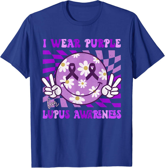 Retro Lupus Awareness Smile Hippie Checkered Purple Ribbon T-Shirt - T-Shirt | Royal