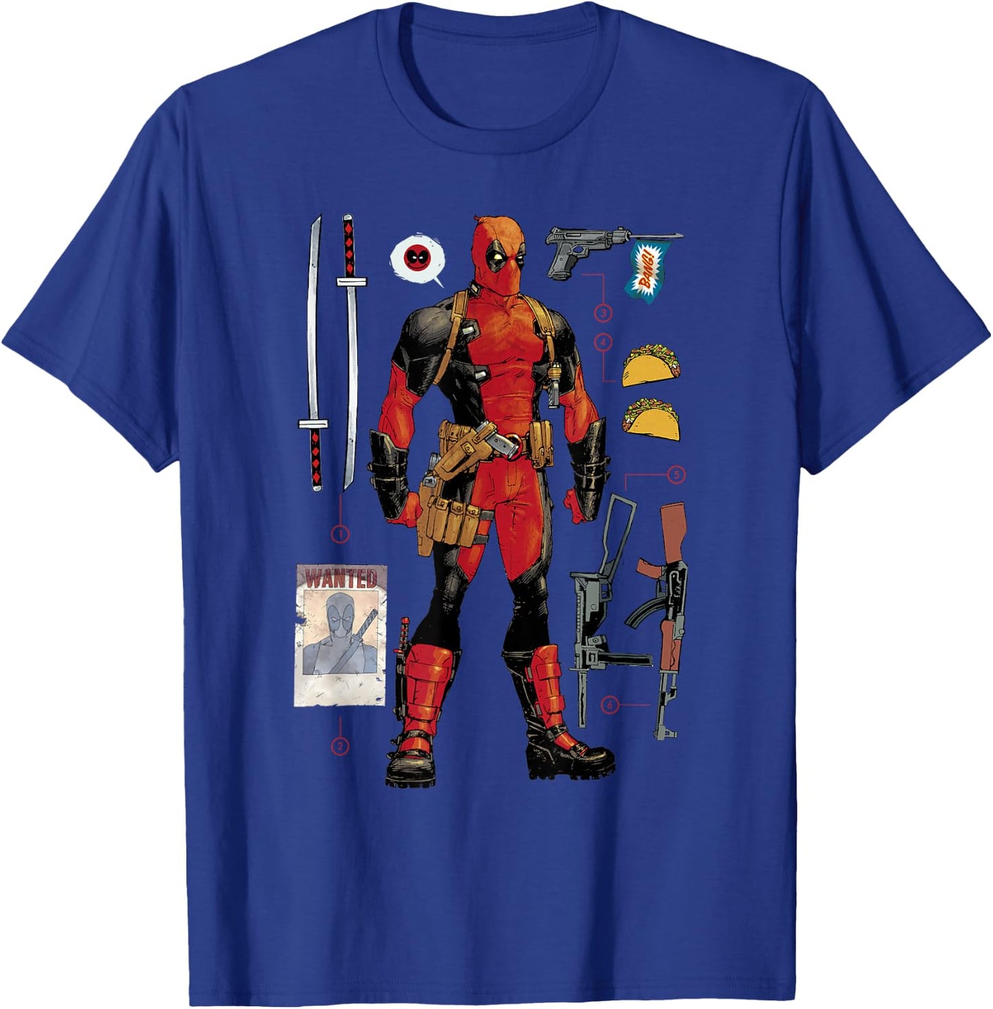 Marvel Deadpool Weapons & Accessories Collection Comic Icon T-Shirt - T-Shirt | Royal