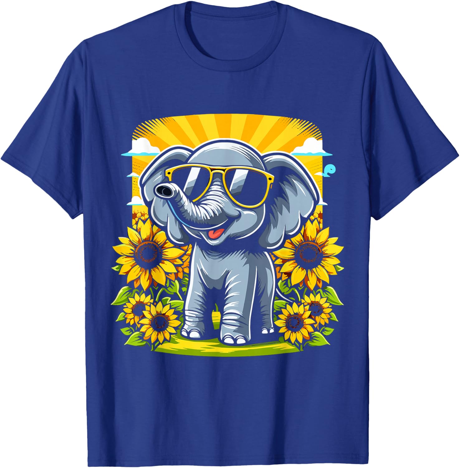 Elephant with Sunglasses and Sunflowers Funny Elephant Lover T-Shirt - T-Shirt | Royal