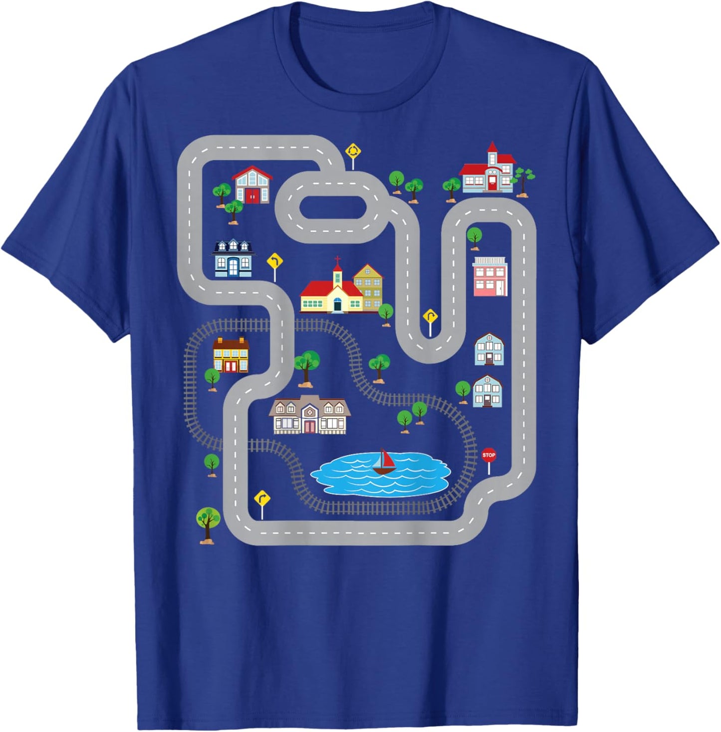 Playmat Train Car Race Track Printed On Back Road T-Shirt - T-Shirt | Royal