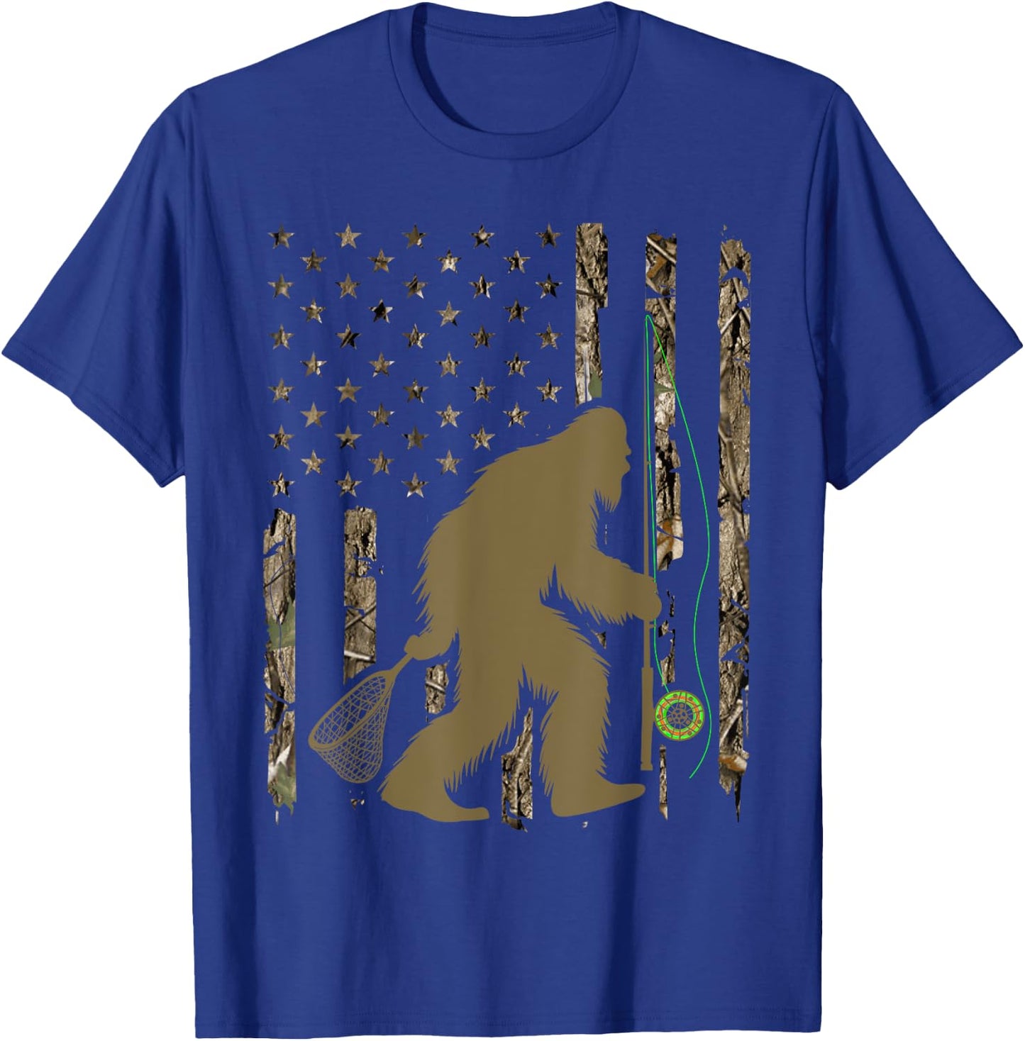 Bigfoot Fly Fishing Sasquatch American Flag Tree Camouflage Men T-Shirt - T-Shirt | Royal