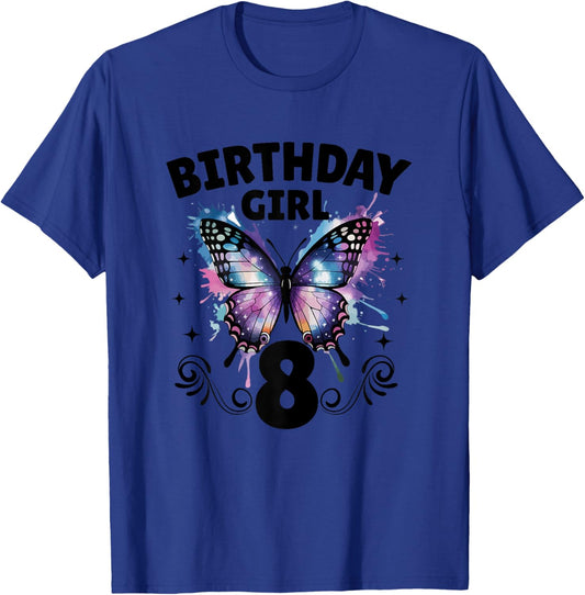 Birthday Girl Eight Years Old Butterfly 8th Birthday Party T-Shirt - T-Shirt | Royal
