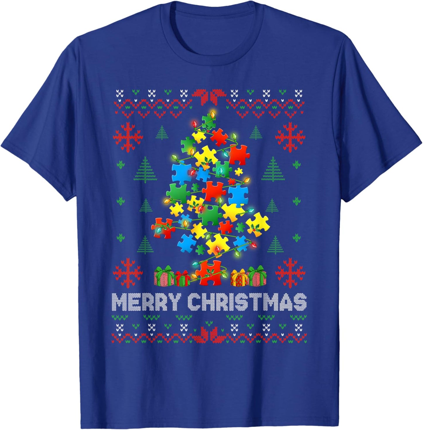 Funny Autism Puzzle Piece Xmas Tree Ugly Christmas Sweater T-Shirt - T-Shirt | Royal