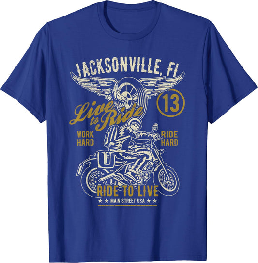 Jacksonville FL USA Distressed Style Motorcycle Design T-Shirt - T-Shirt | Royal