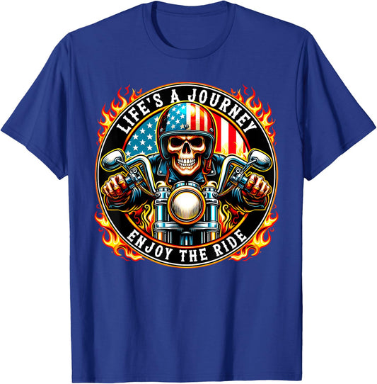 Life's a Journey Enjoy The Ride Skeleton Biker Motorcycle T-Shirt - T-Shirt | Royal