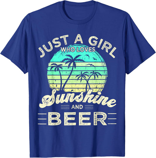 Funny Summer Palm Just a Girl who loves Sunshine and Beer T-Shirt - T-Shirt | Royal