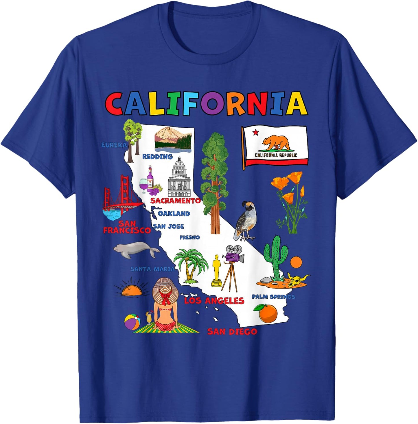 Map of California with Flag, Landmarks and Major Cities T-Shirt - T-Shirt | Royal