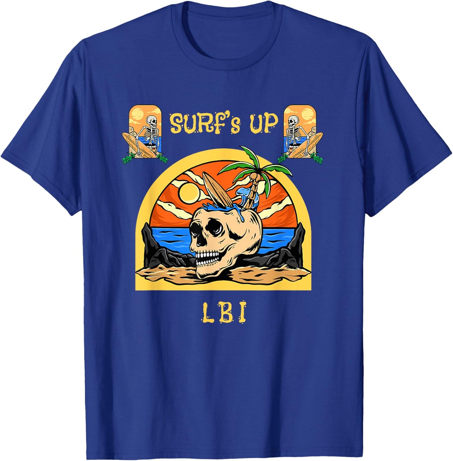 Surf's Up LBI Funny Vintage Surfing Beach Skeleton T-Shirt - T-Shirt | Royal
