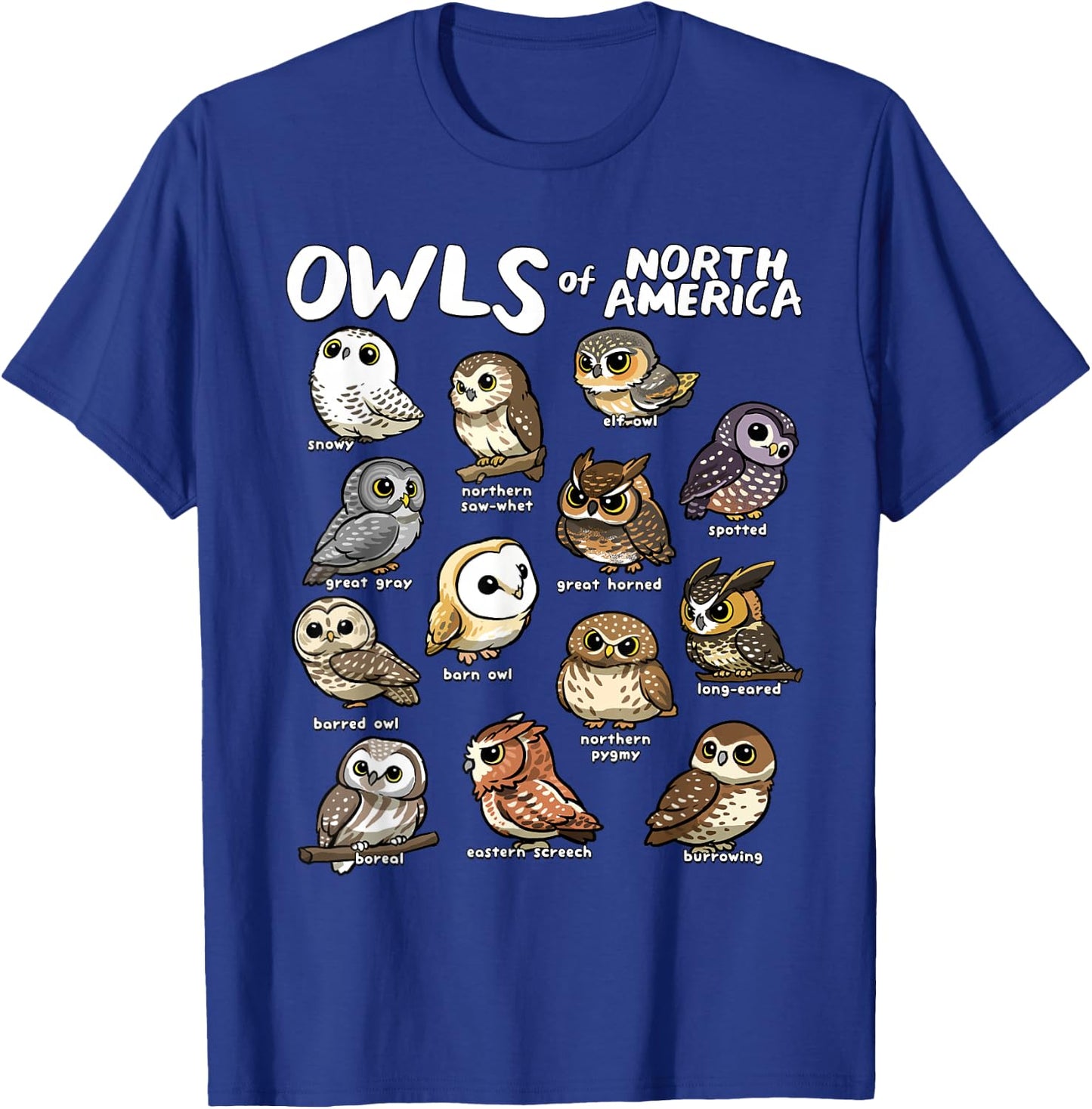 Owls of North America Shirt Birdwatcher Bird Lover Owl Lover T-Shirt - T-Shirt | Royal