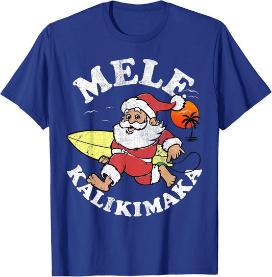 Mele Kalikimaka Christmas Santa Going Surfing a Wave Shaka T-Shirt - T-Shirt | Royal