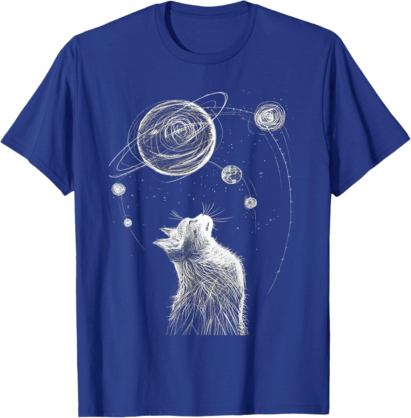 Cat Staring at Solar System Men Women Kids T-Shirt - T-Shirt | Royal