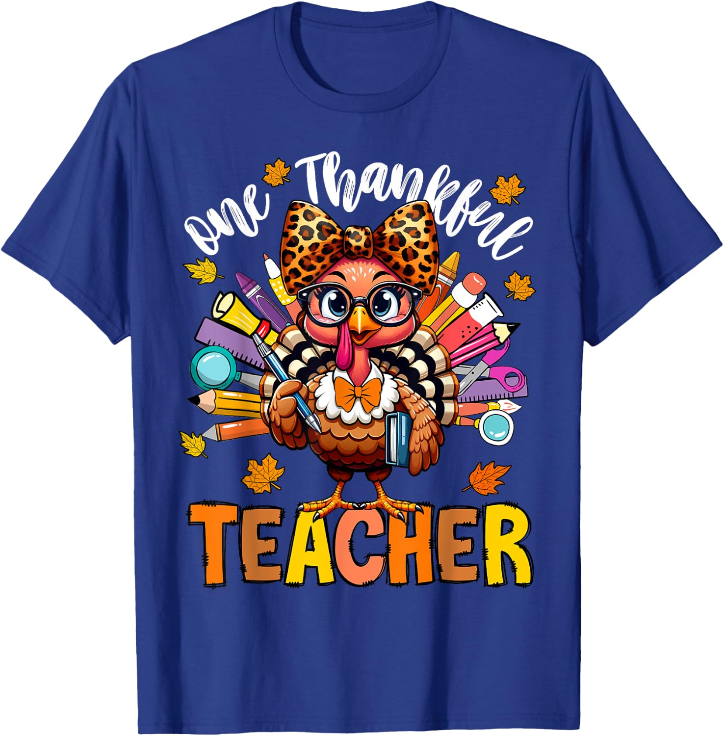 One Thankful Teacher Thanksgiving Turkey Cute Crayon Pencil T-Shirt - T-Shirt | Royal