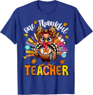 One Thankful Teacher Thanksgiving Turkey Cute Crayon Pencil T-Shirt - T-Shirt | Royal