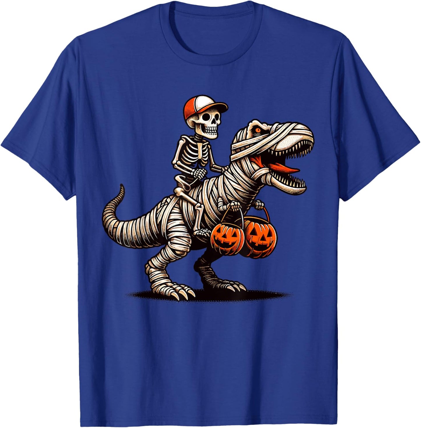 Skeleton Riding Mummy Dinosaur Pumpkin Halloween T-Shirt - T-Shirt | Royal