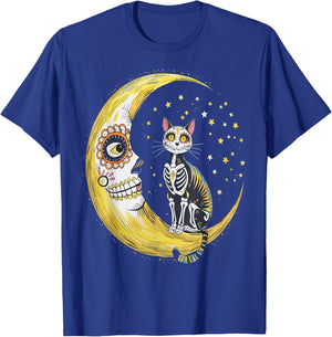 Cat And Moon Sugar Skull Dia De Los Muertos Day Of The Dead Men Women Kids T-Shirt - T-Shirt | Royal