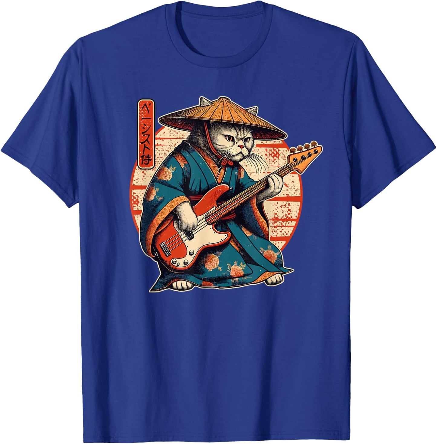 Japanese Samurai Cat Playing The Bass Men Women Girls Kids T-Shirt - T-Shirt | Royal