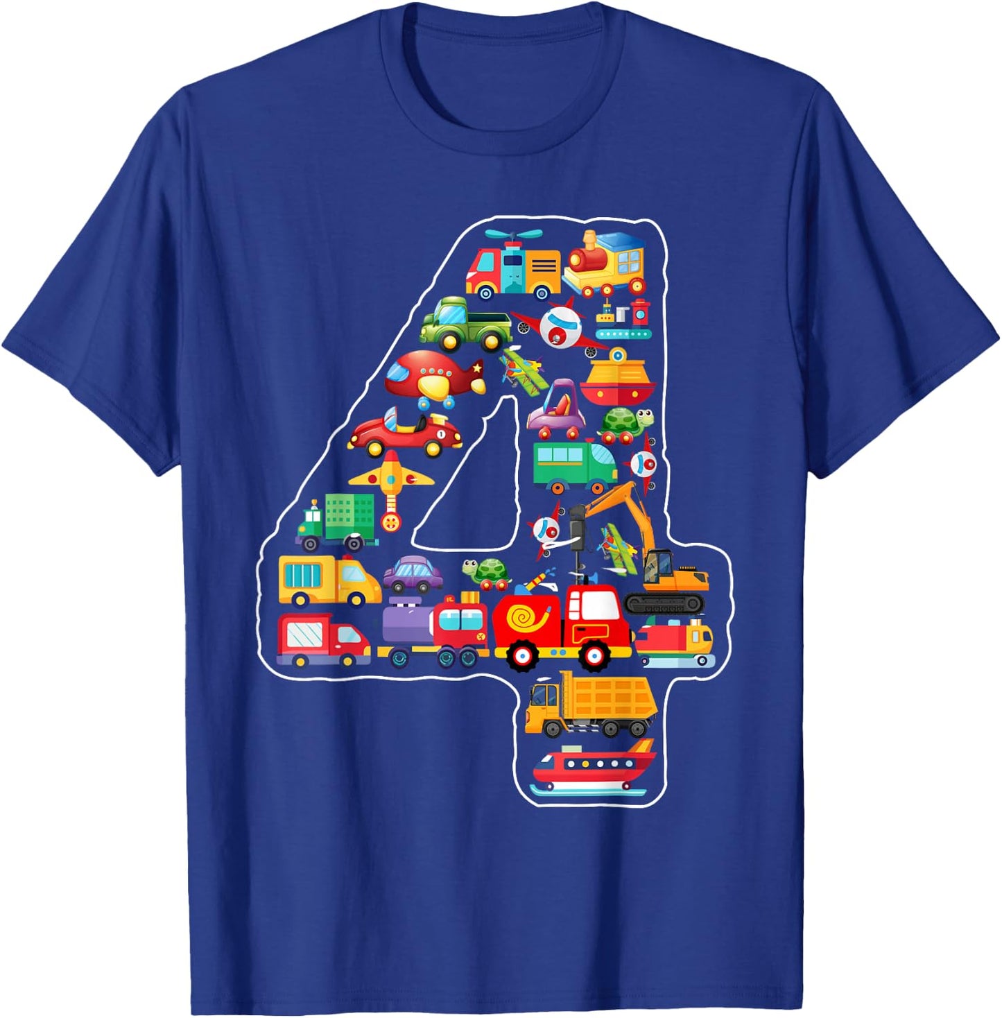 Kids 4th Birthday For Boys Cars Vehicles Fire Truck Airplane T-Shirt - T-Shirt | Royal